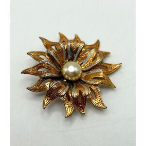Vintage Gold Tone Sunflower Faux Pearl Brooch Pin Signed Spain